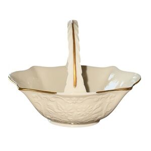 Vintage Lenox 24kt Gold Porcelain Basket with Handle Embossed Floral Pattern